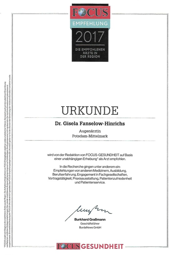Focus Empfehlung für die Augenärztin im Landkreis Potsdam-Mittelmark des Jahres 2017